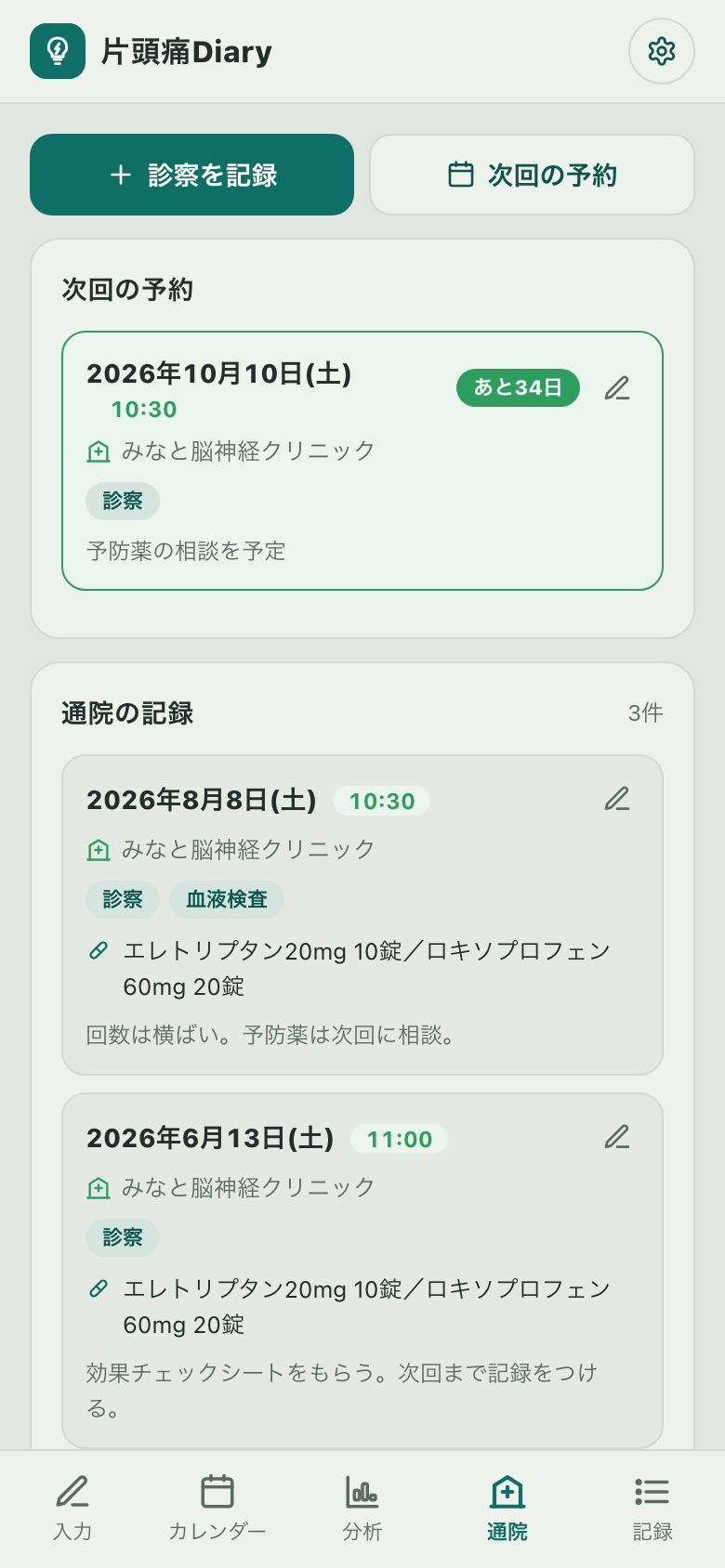 通院タブ。次回の予約と、過去の通院記録(日付・病院名・内容・処方の錠数・メモ)